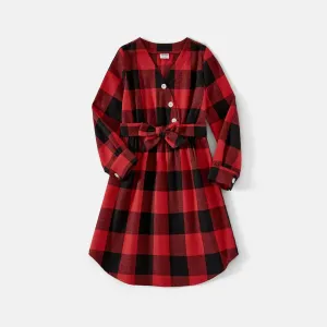 Family Matching Red and Black Plaid Long-sleeve  Shirts and Belted Dresses Sets #1082930