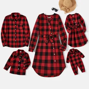 Family Matching Red and Black Plaid Long-sleeve  Shirts and Belted Dresses Sets #1082935