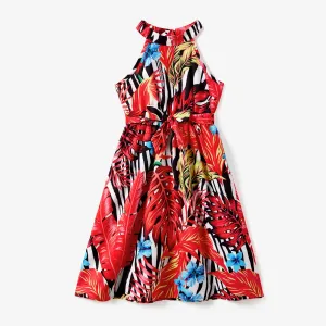Family Matching Red Leaf Print Zebra Stripe Beach Shirt and High Neck Halter Belted Dress Sets #1329350