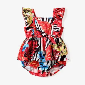 Family Matching Red Leaf Print Zebra Stripe Beach Shirt and High Neck Halter Belted Dress Sets #1329363