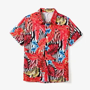 Family Matching Red Leaf Print Zebra Stripe Beach Shirt and High Neck Halter Belted Dress Sets #1329367