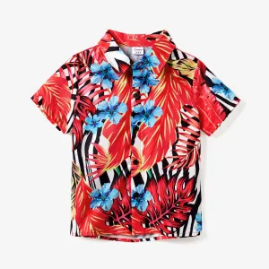 Family Matching Red Leaf Print Zebra Stripe Beach Shirt and High Neck Halter Belted Dress Sets #1329368