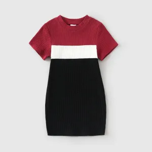 Family Matching Rib Knit Colorblock Short-sleeve Bodycon Dresses and T-shirts Sets #204230