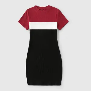 Family Matching Rib Knit Colorblock Short-sleeve Bodycon Dresses and T-shirts Sets #204234
