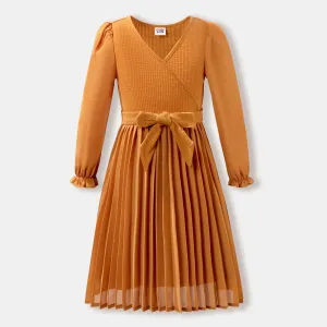 Family Matching Ribbed Lapel Collar Long-sleeve Tops and  V-neck Belted Dresses Sets