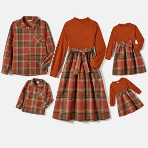 Family Matching Ribbed Spliced Plaid Belted Dresses and Polo Shirts Sets #1065471