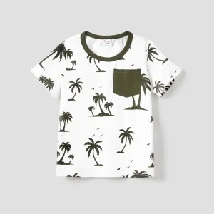 Family Matching Sets Allover Printed T-Shirt and Army Green Glasses Pattern T-Shirt Dress with Pockets #1321156