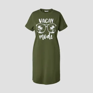 Family Matching Sets Allover Printed T-Shirt and Army Green Glasses Pattern T-Shirt Dress with Pockets #1321162