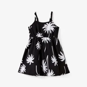 Family Matching Sets Black Coconut Tree Pattern Beach Shirt and Belted Strap Midi Dress