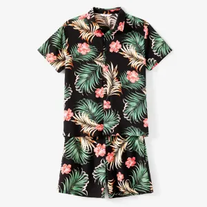 Family Matching Sets Tropical Floral and Leaf Printed Beach Shirt and Drawstring Shorts with Pockets