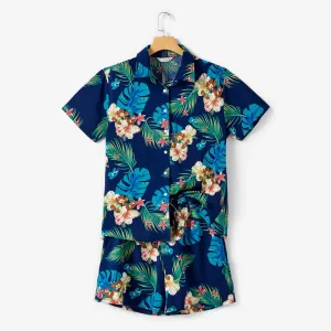 Family Matching Sets Tropical Floral Shirt and Drawstring Shorts with Pockets