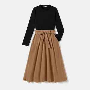 Family Matching Skirt Suit Set Dresses with Pockets and Colorblock Ribbed Sweatshirts Sets #1074839