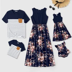 Family Matching Sleeveless Floral Print Spliced Midi Dresses and Short-sleeve Striped T-shirts Sets #225336