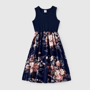 Family Matching Sleeveless Floral Print Spliced Midi Dresses and Short-sleeve Striped T-shirts Sets #225347