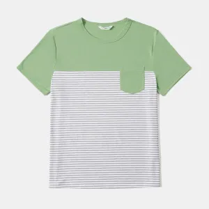 Family Matching Solid Belted Halterneck Dresses and Stripe Panel Short-sleeve T-shirts Sets #1046311