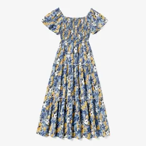 Family Matching Solid Color Blue Raglan Sleeve T-Shirt and Floral Shirred Tiered Dresses Sets #1315871