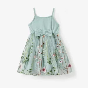 Family Matching Solid Color/ Raglan Sleeves Tee and Cami Embroidered Tulle Strap Dress Sets #1331800