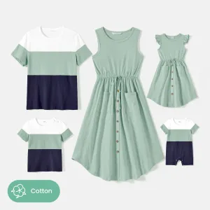 Family Matching Solid Cotton Button Front Drawstring Tank Dresses and Short-sleeve Colorblock T-shirts Sets #849034