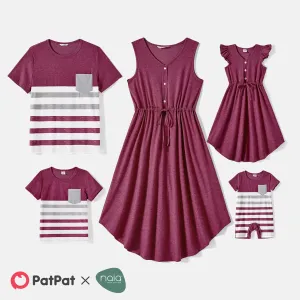 Family Matching Solid Drawstring Tank Dresses and Short-sleeve Striped Naiaâ¢ T-shirts Sets #231878