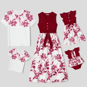 Family Matching Solid Ribbed Spliced Floral Print Naiaâ¢ Dresses and Short-sleeve T-shirts Sets #796007