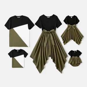 Family Matching Solid Short-sleeve Asymmetric Hem Spliced Cotton Dresses and Colorblock T-shirts Sets #234982