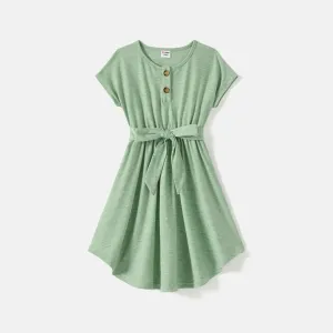 Family Matching Solid Short-sleeve Belted Dresses and Striped Colorblock T-shirts Sets #886452