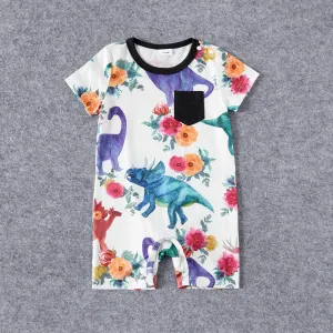 Family Matching Solid Short-sleeve Spliced Allover Dinosaur Print Belted Dresses and T-shirts Sets #205080
