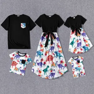 Family Matching Solid Short-sleeve Spliced Allover Dinosaur Print Belted Dresses and T-shirts Sets #717996