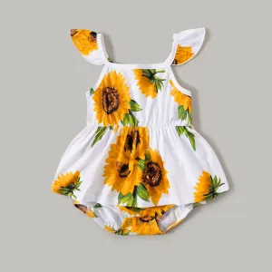 Family Matching Solid Spaghetti Strap Splicing Sunflower Floral Print Dresses and Short-sleeve T-shirts Sets #768906