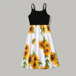 Family Matching Solid Spaghetti Strap Splicing Sunflower Floral Print Dresses and Short-sleeve T-shirts Sets #768914