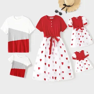 Family Matching Solid Spliced Allover Heart Embroidered Mesh Dresses and Short-sleeve Colorblock Ribbed T-shirts Sets #803202