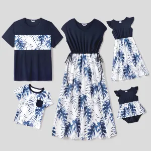 Family Matching Solid Spliced Allover Palm Leaf Print Drawstring Dresses and Short-sleeve T-shirts Sets #203971