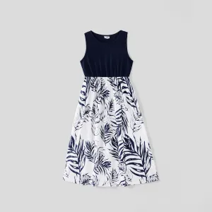 Family Matching Solid Splicing Plant Print Sleeveless Midi Dresses and Short-sleeve T-shirts Sets #199533