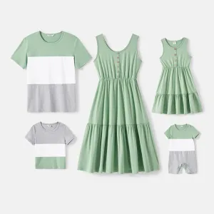 Family Matching Solid Tiered Tank Dresses and Short-sleeve Colorblock T-shirts Sets #237239