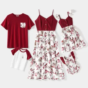 Family Matching Solid V Neck Button Up Spaghetti Strap Splicing Floral Print Dresses and Short-sleeve T-shirts Sets #768619