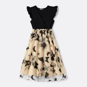 Family Matching Solid V Neck Flutter-sleeve Splicing Butterfly Print Dresses and Short-sleeve Colorblock T-shirts Sets #1060767