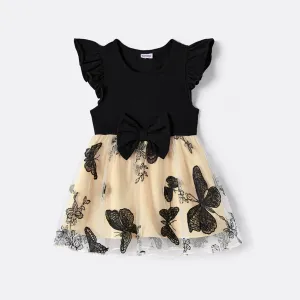 Family Matching Solid V Neck Flutter-sleeve Splicing Butterfly Print Dresses and Short-sleeve Colorblock T-shirts Sets #1060775