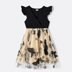 Family Matching Solid V Neck Flutter-sleeve Splicing Butterfly Print Dresses and Short-sleeve Colorblock T-shirts Sets #1060779