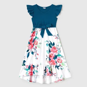 Family Matching Solid V Neck Flutter-sleeve Splicing Floral Print Dresses and Short-sleeve Colorblock T-shirts Sets #200328