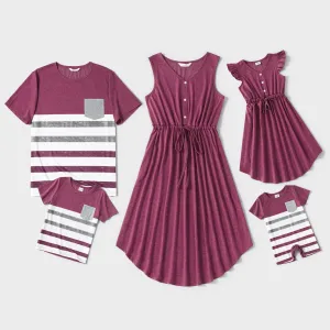 Family Matching Solid V Neck Sleeveless Button Up Drawstring Dresses and Striped Colorblock Short-sleeve T-shirts Sets #769103