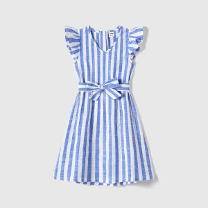 Family Matching Stripe Belted Dresses and 100% Cotton Short-sleeve T-shirts Sets #1048204
