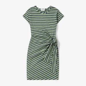 Family Matching Stripe Colorblock Tee and H-Line Side-Tie Dress Sets #1317366