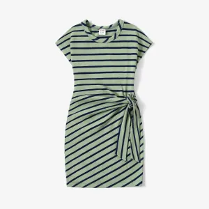 Family Matching Stripe Colorblock Tee and H-Line Side-Tie Dress Sets #1319505