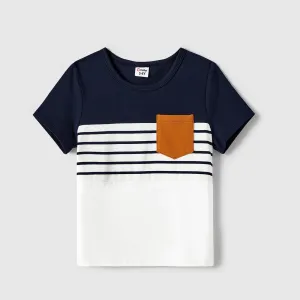 Family Matching Stripe Patched Pocket Belted Dresses and Colorblock Striped T-shirts Sets #1054302