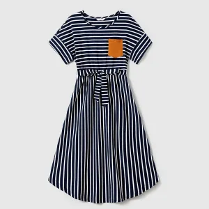 Family Matching Stripe Patched Pocket Belted Dresses and Colorblock Striped T-shirts Sets #1249223