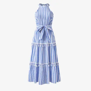 Family Matching Stripe Shirt and High Neck Halter Tiered Tassel Trim Dress Sets #1329940