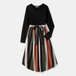 Family Matching Striped Belted Dresses and Colorblock Sweatshirts Sets #1067247