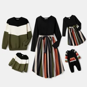 Family Matching Striped Belted Dresses and Colorblock Sweatshirts Sets #1067259