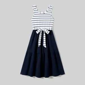 Family Matching Striped Panel Belted Tank Dresses and Cotton Colorblock Short-sleeve T-shirts Sets #1040307