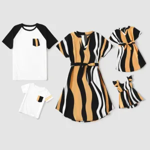 Family Matching Striped V Neck Short-sleeve Belted Dresses and Raglan-sleeve T-shirts Sets #768647